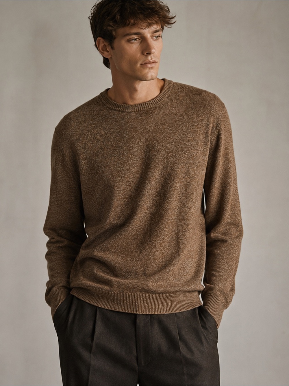 Henry Jacobson Men’s Camel-Brown Silk & Cotton Blend Crewneck Sweater - Size L